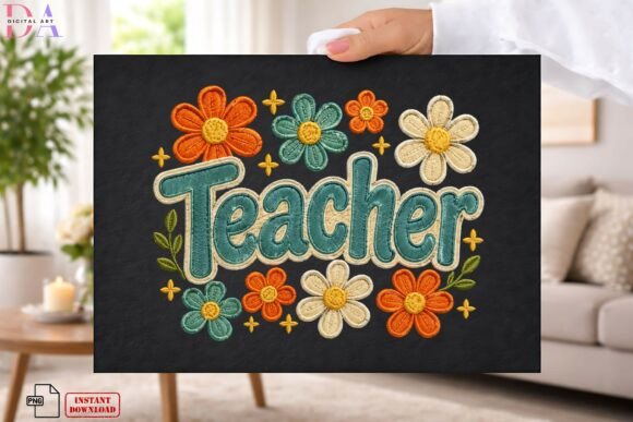 Teacher Floral Retro Embroidery PNG